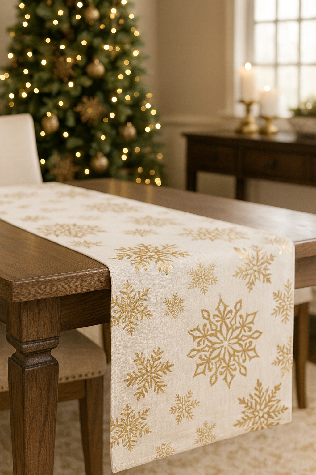 9044 - Gold Foil Print Snowflake Cotton 16"x72" Table Runner