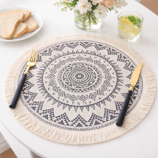 Slate Grey Boho Mandala Fringe Cotton 13" Placemat
