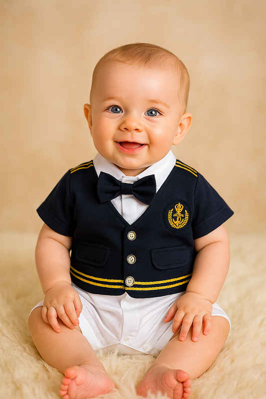 Blue Pilot Short Sleeve Cotton Bowtie Baby Romper