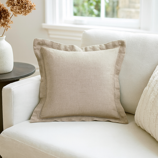 731P - Natural Hemstitched Poly-Linen 18" Throw Pillow