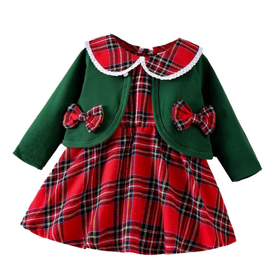 Red Green Tartan Plaid Holiday Baby Dress and Cardigan