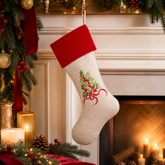 Red & Natural Embroidered Holly Christmas Stocking