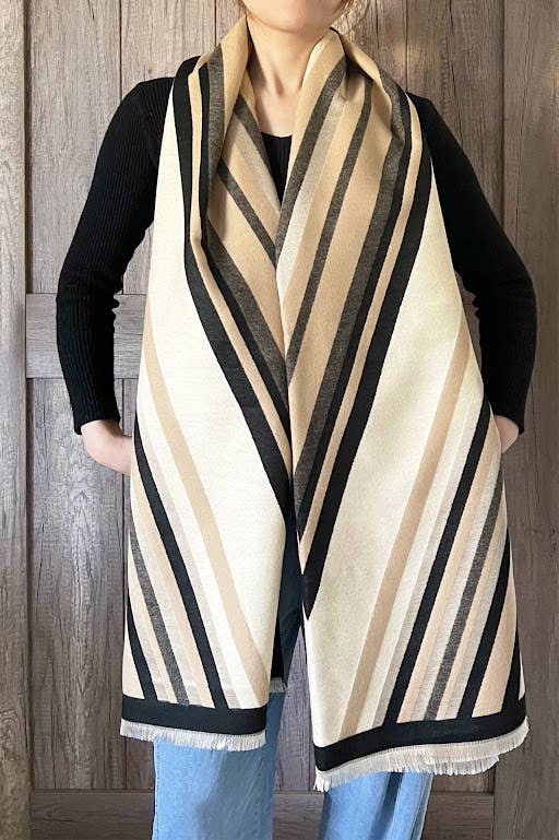 Beige Geometric Striped Cashmere Large Wrap Scarf