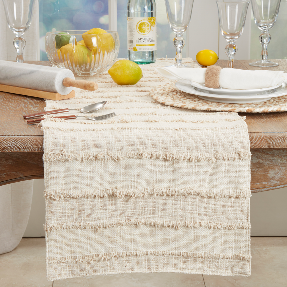 9010 - Ivory Fringe Stripe Cotton Table Runner