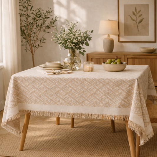 Khaki Modern Textured Fringed Tablecloth