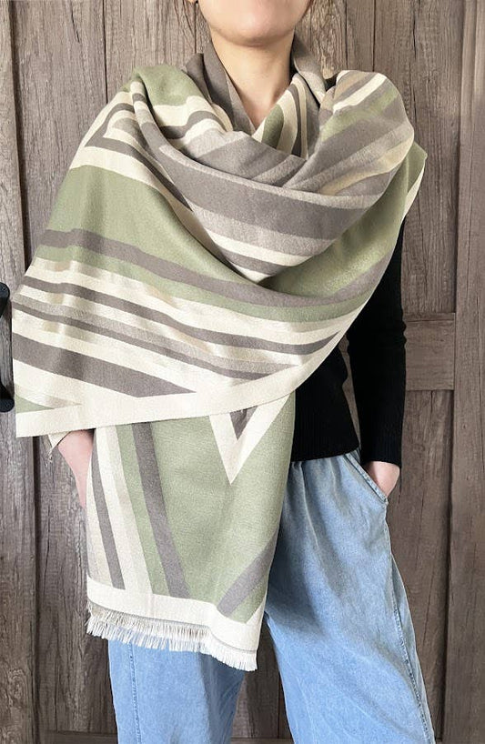 Elegant Sage Multi Striped Cotton Blend Large Wrap Scarf