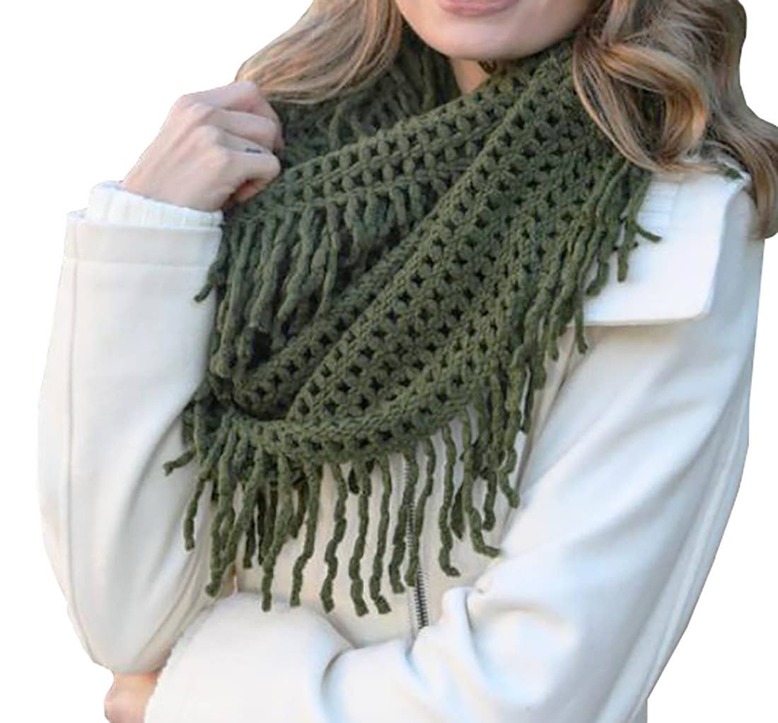 Olive Green Knit Tassel Infinity Loop Scarf