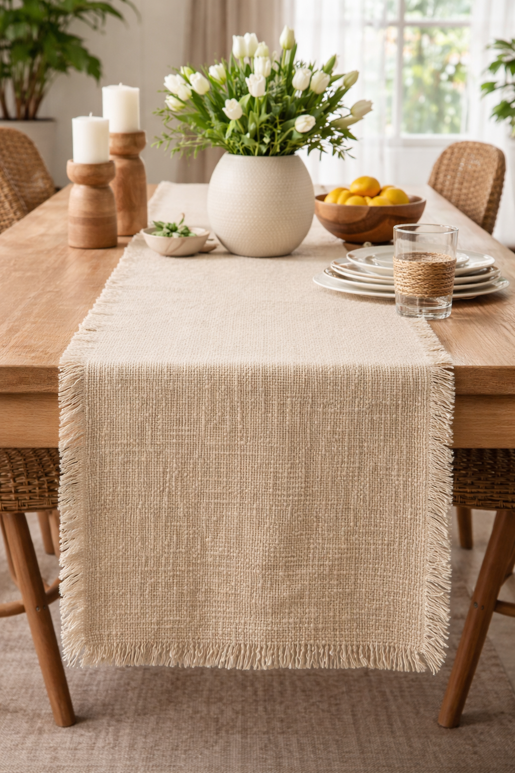 Natural Woven Cotton Table Runner with Fringe - 14"x72"