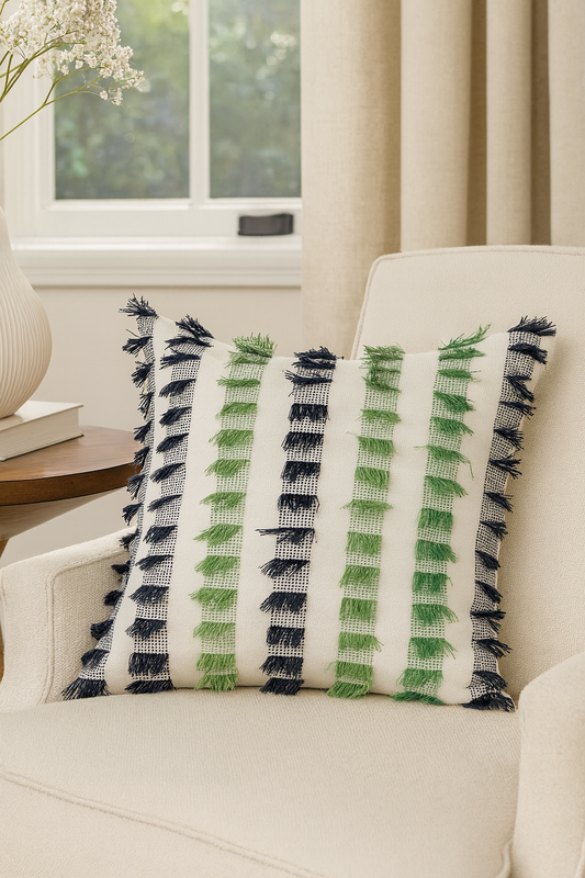 378 - Green Striped Cotton 20" Throw Pillow