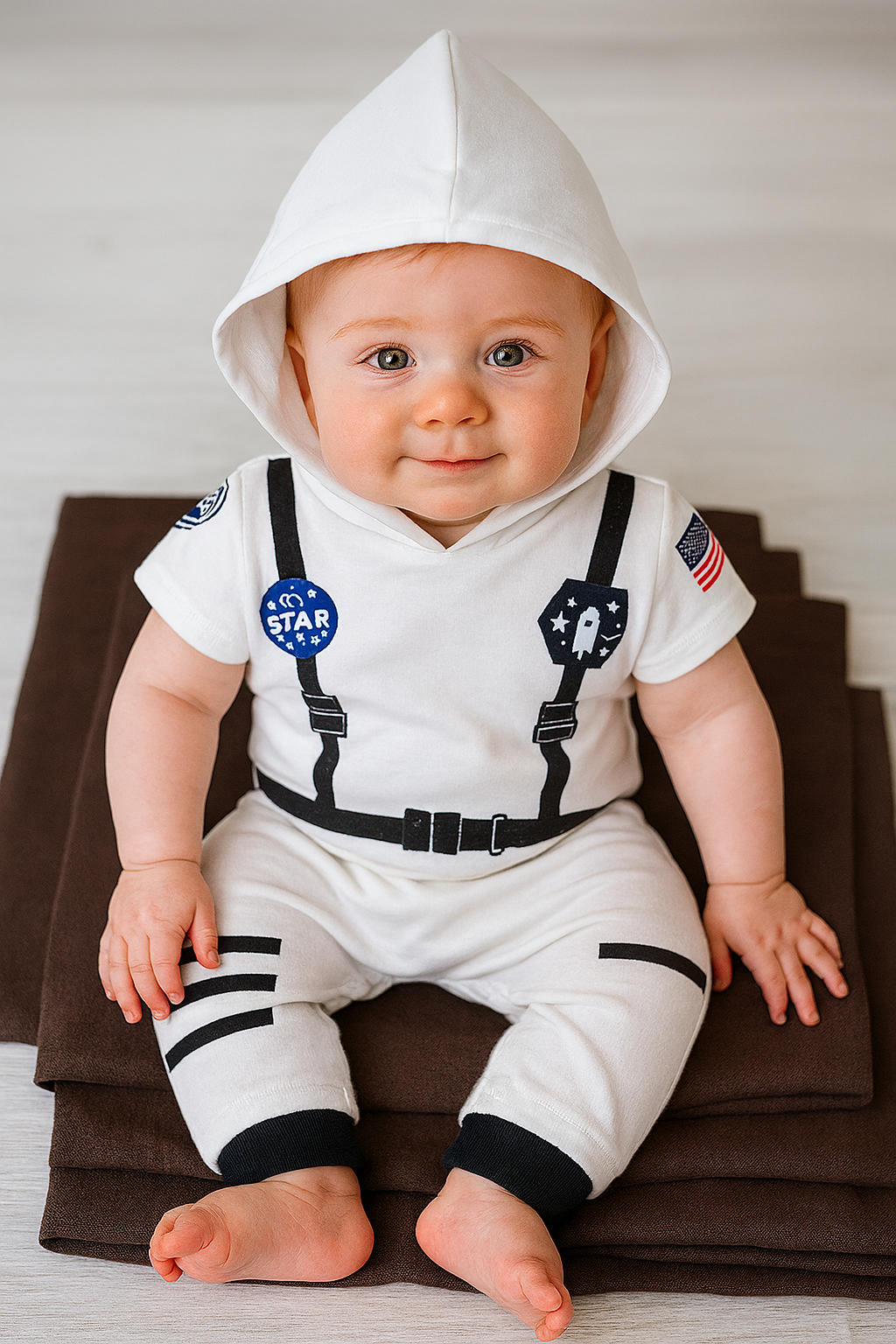 White Astronaut Short Sleeve Hooded Costume Baby Romper