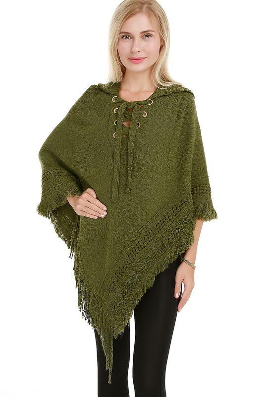 Olive Green Fringed Lace Up Hooded Pullover Poncho