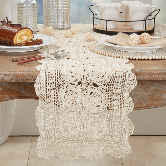 869 - Beige Medallion Handmade Cotton Crochet Table Runner
