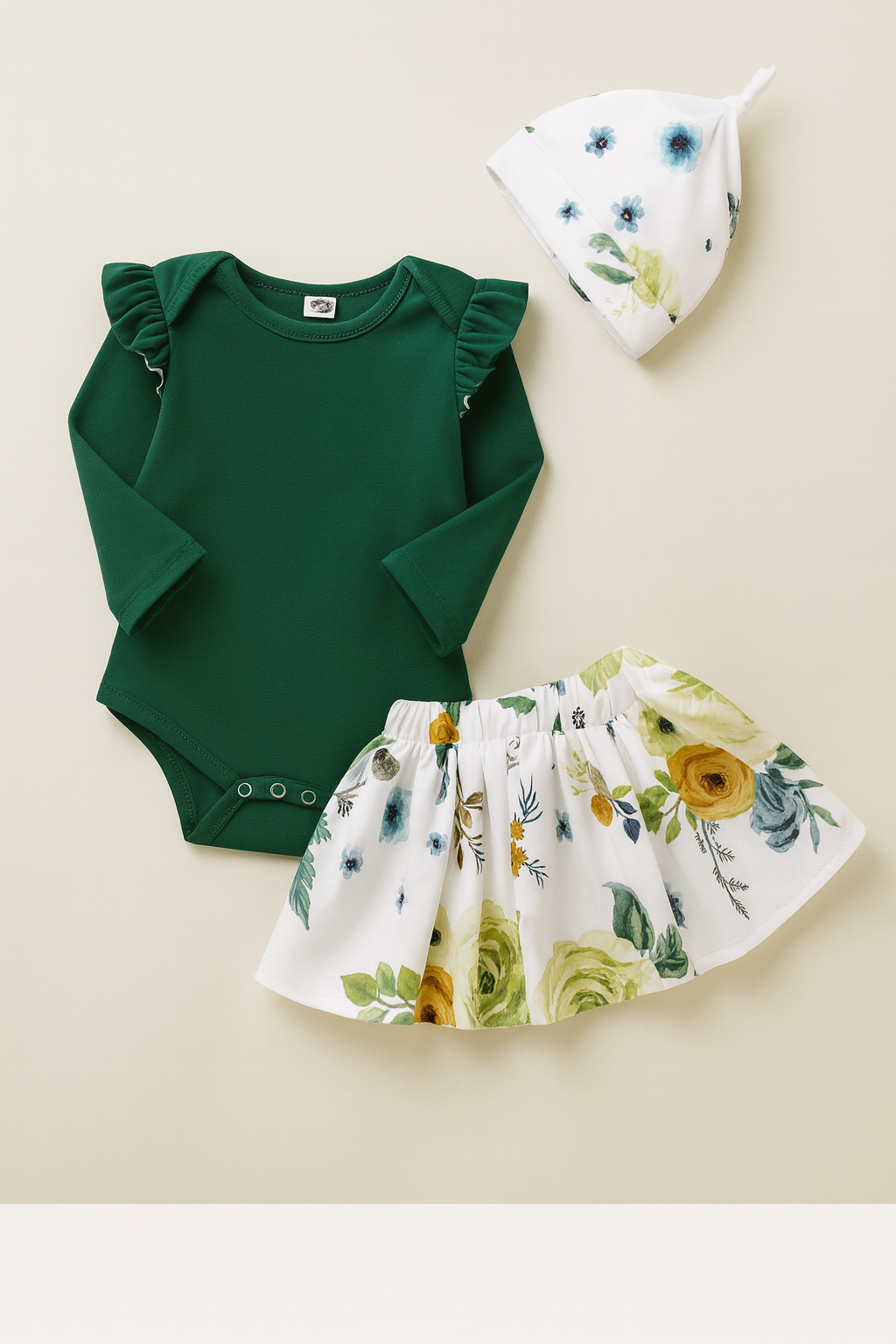 Green Romper, Floral Skirt & Hat 3pcs Girl Outfit