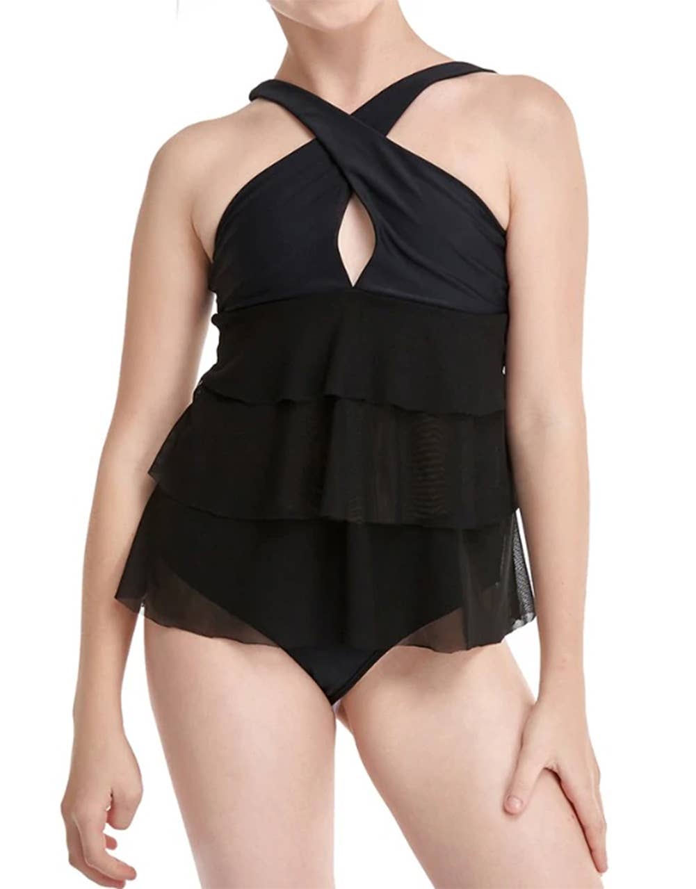 Black Wrap Halter Ruffle 2pcs Girl Swimsuit