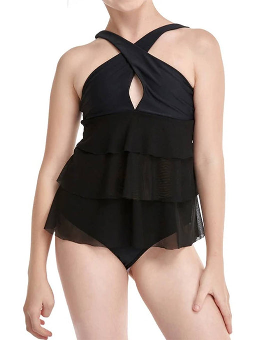 Black Wrap Halter Ruffle 2pcs Girl Swimsuit