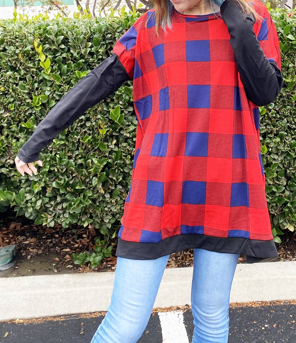 Red Multi Buffalo Plaid Casual Oversized Blouse