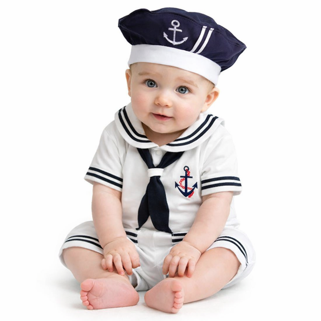White Sailor Short-Sleeve Cotton Baby Romper & Hat