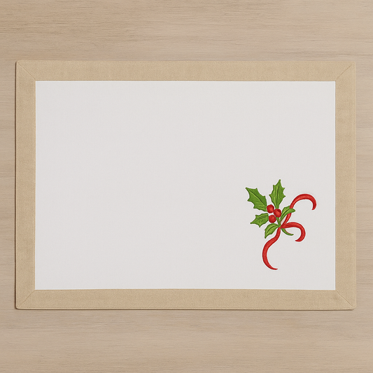 TBL0002 - Natural Embroidered Holly Tree Placemat