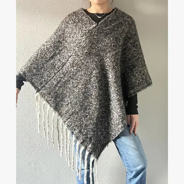 Black Knit Tasseled Hooded Poncho