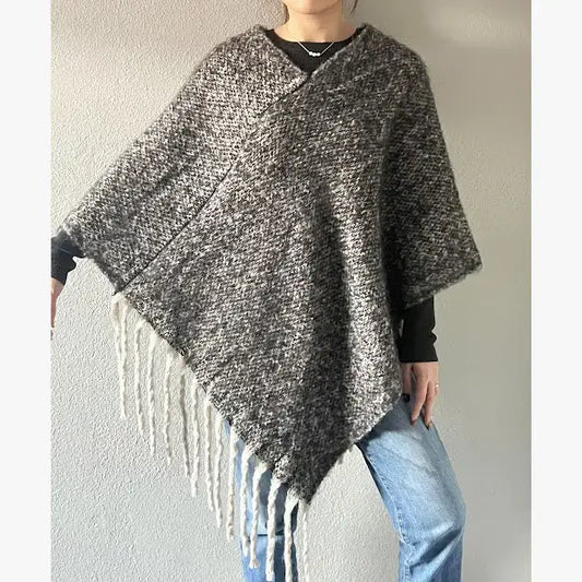 Black Knit Tasseled Hooded Poncho