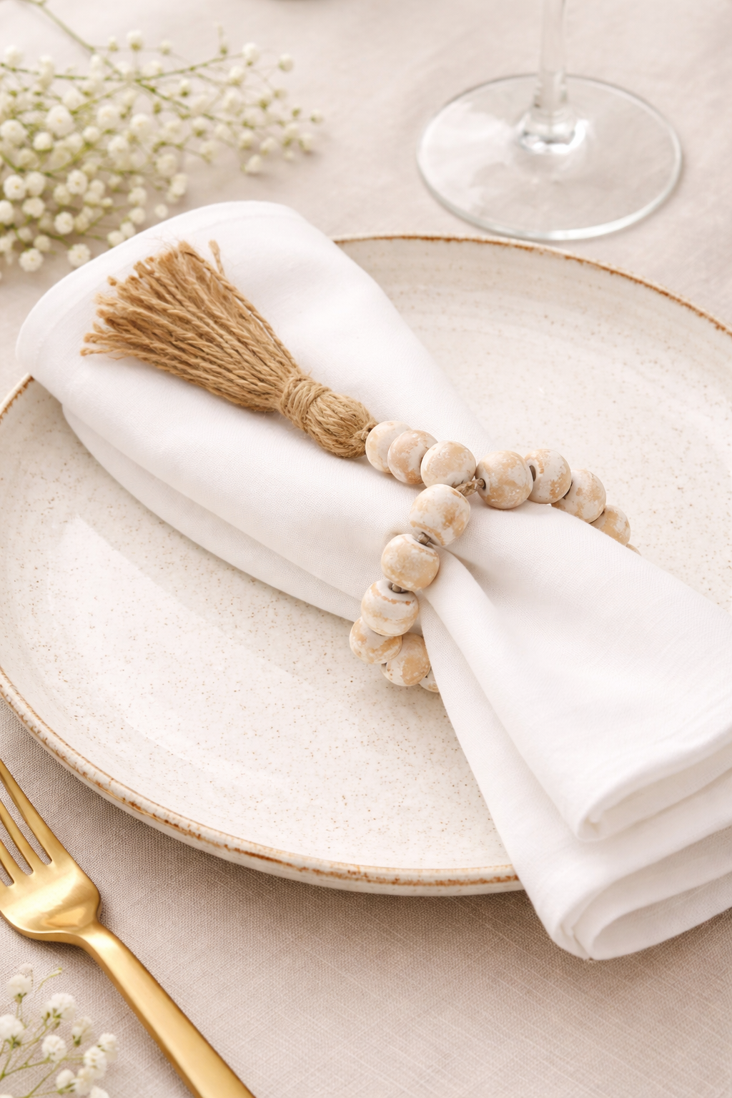 White Wood Bead Tassel Napkin Ring
