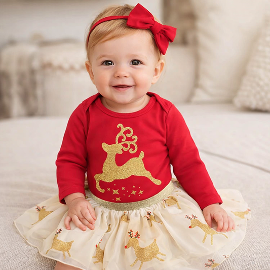 Red-Gold Reindeer 3-Piece Girl Holiday Outfit