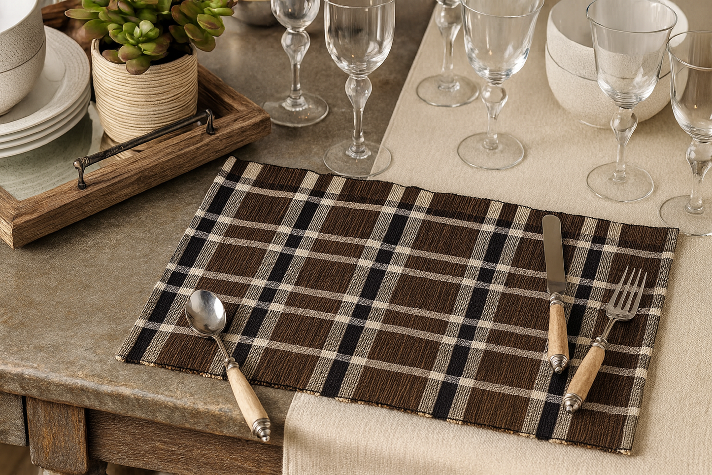 805 - Brown Plaid Woven Water Hyacinth 14"x20" Placemat