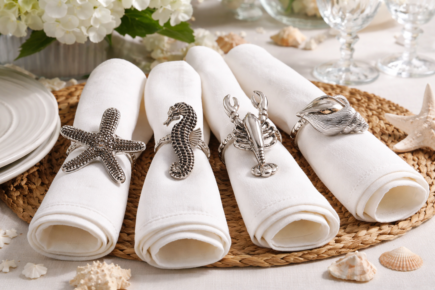 Coastal Sea Creatures Design Napkin Rings - Set of 4