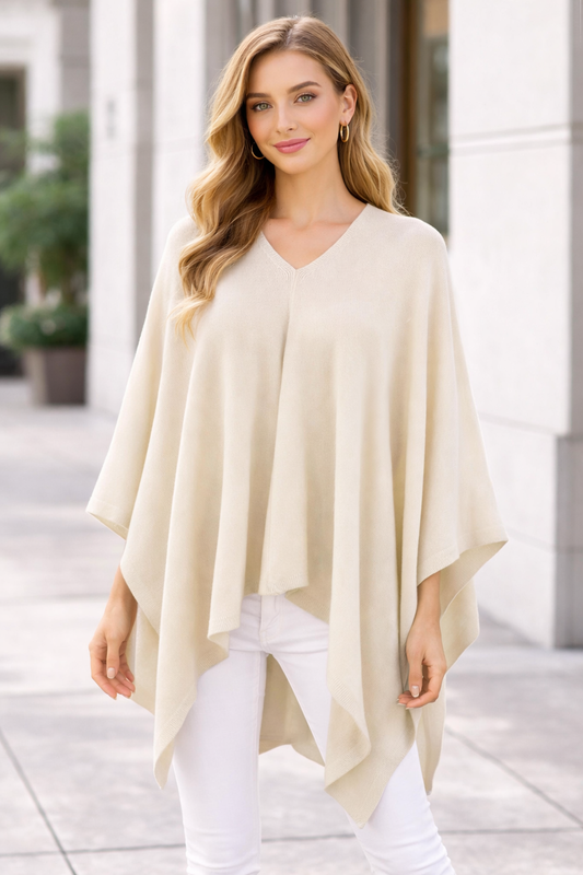 Ivory Knit Solid Soft Pullover Poncho Sweater