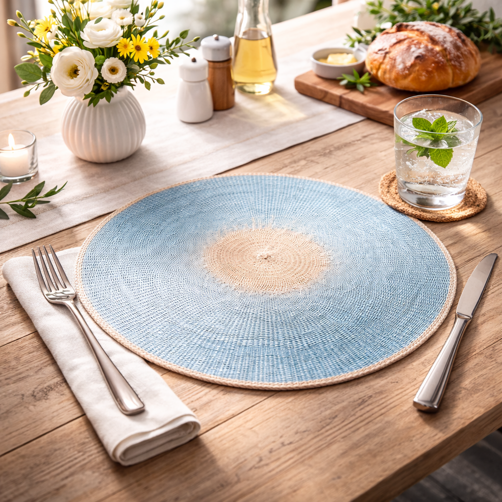 Light Blue Sunburst Handwoven 15" Round Placemat