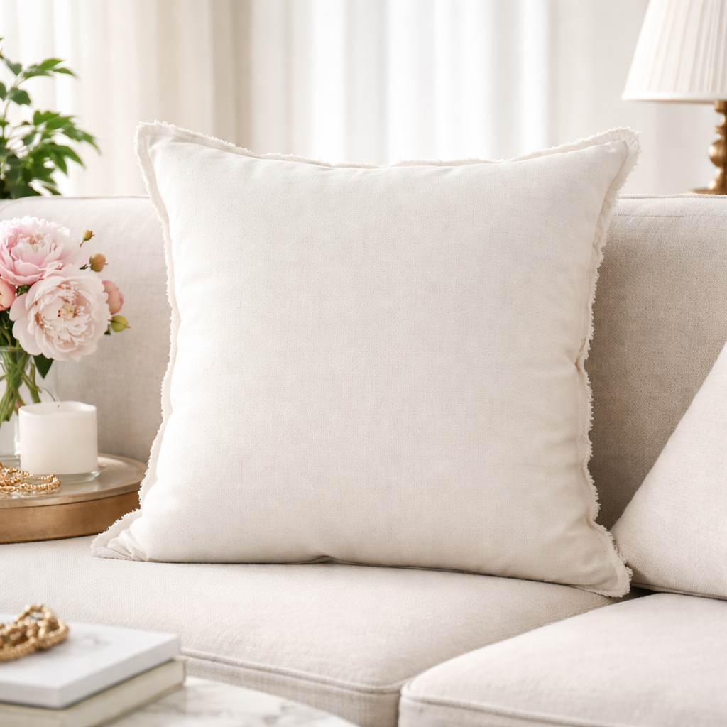 13049 - Ivory Fringed Design Down-Filled Linen 20" Throw Pillow