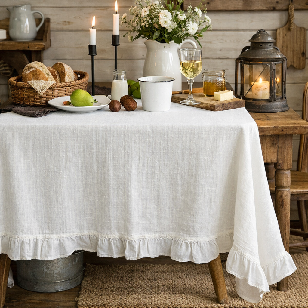White French Ruffled Cotton Tablecloth