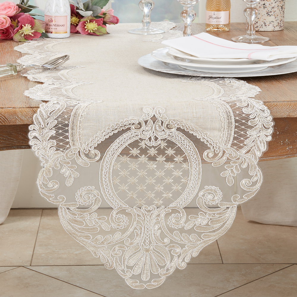1109 - Natural Embroidered Lace Table Runner