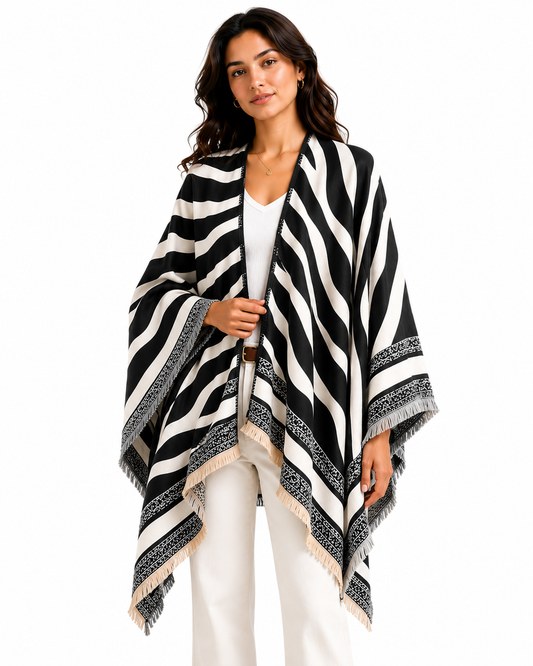 Black Zebra Cashmere-Feel Fringe Poncho Wrap
