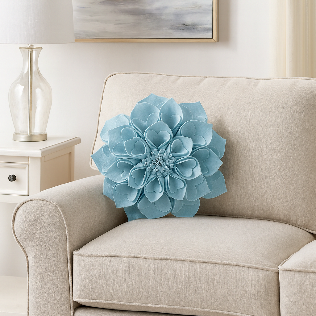 Aqua 3D Heart-Shaped Petal Flower Throw Pillow
