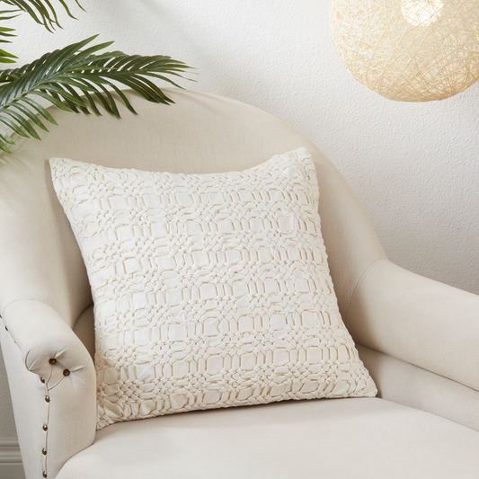 0002 - Ivory Cotton Smocked 20" Down Filled Throw Pillow