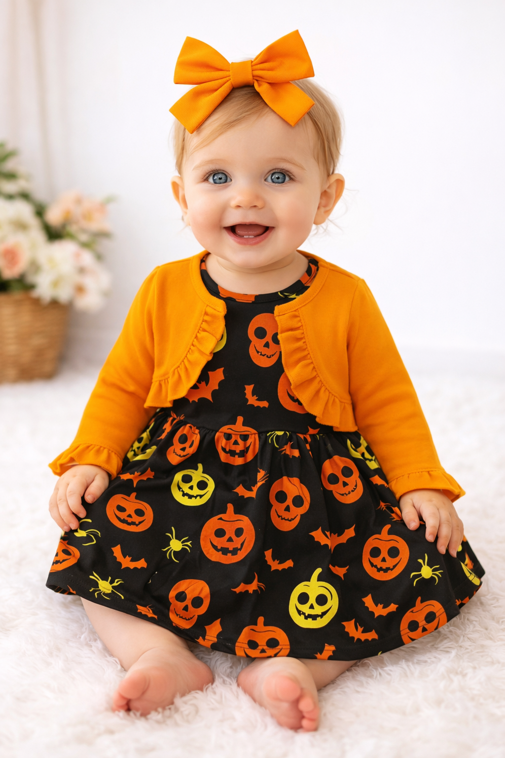 Orange Skull Pumpkin 3-Piece Baby Dress Set