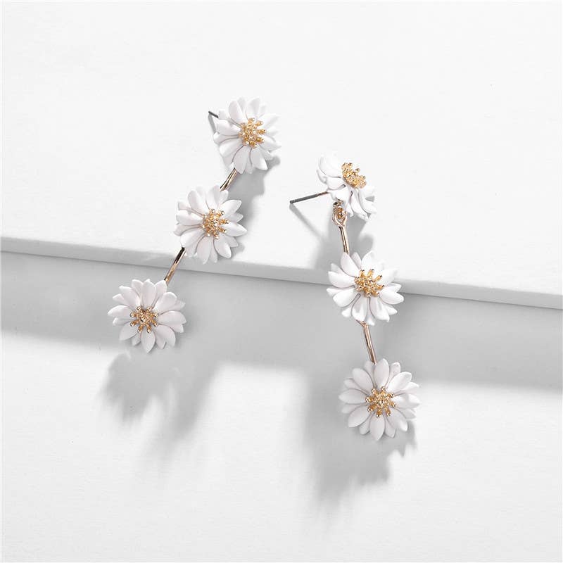 White Triple Daisy Drop Stud Earrings