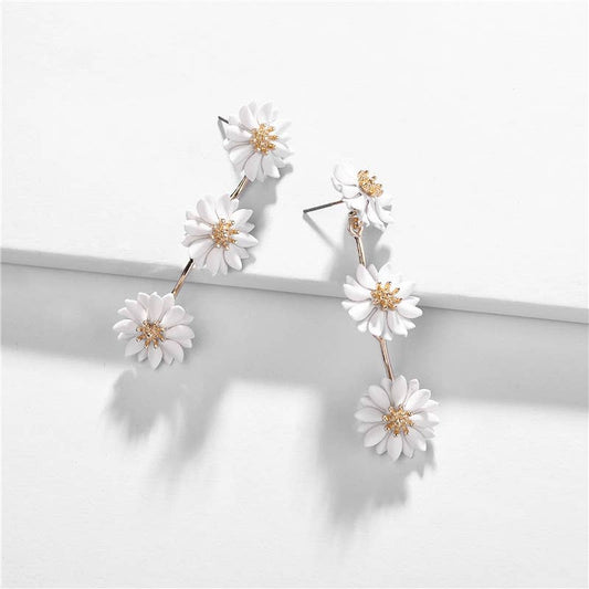White Triple Daisy Drop Stud Earrings