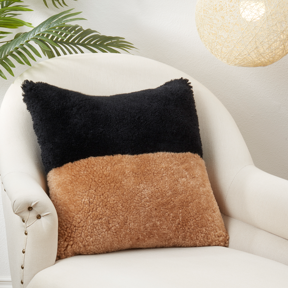 8033 - Black Brown Genuine Sheep Fur Down Filled 20" Throw Pillow