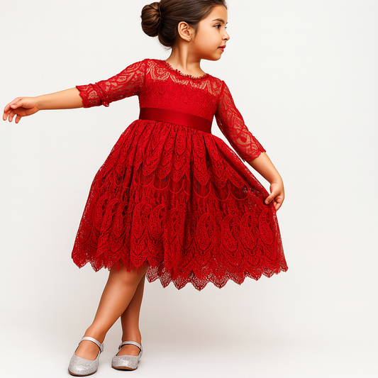Red Vintage Lace 3/4 Sleeve A-Line Girl Dress