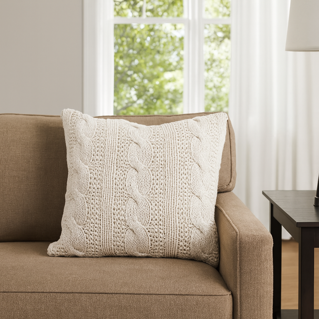 1020 - Ivory Cable Knit Design Down Filled Cotton 20" Throw Pillow