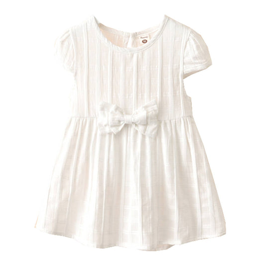 White Cap-Sleeve Bowknot Cotton Girl Dress