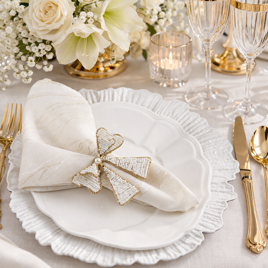 White Gold Beaded Bow Napkin Ring