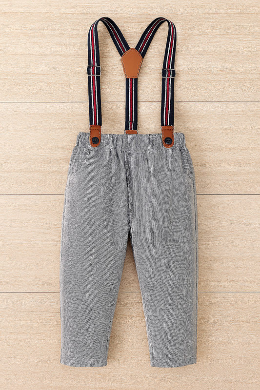 Black-Grey Classic Boy Cotton Chino Pants with Suspenders