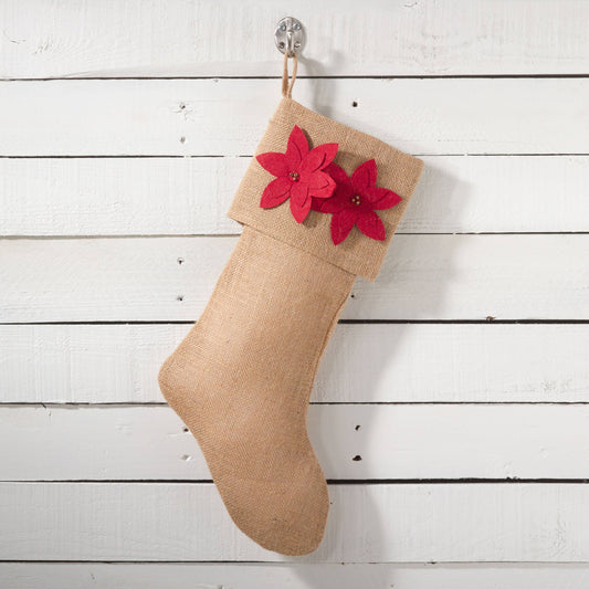 653 - Red Felicia Poinsettia Burlap Christmas Stocking