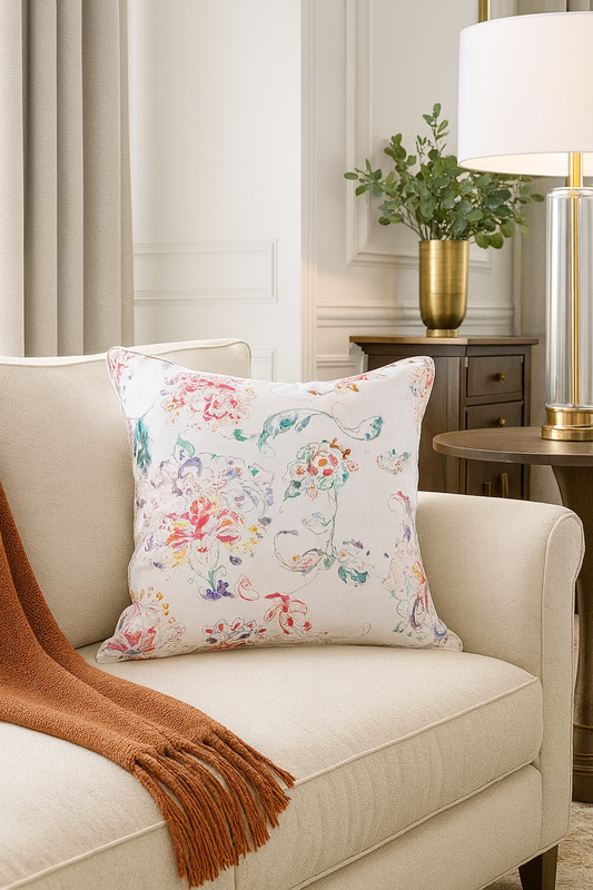 13020 - 20" Flowers Down Filled White Linen Throw Pillow
