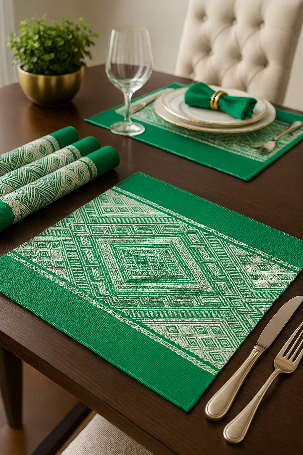 PM0055 - Green Woven Diamond Pattern Cotton Blend Placemat