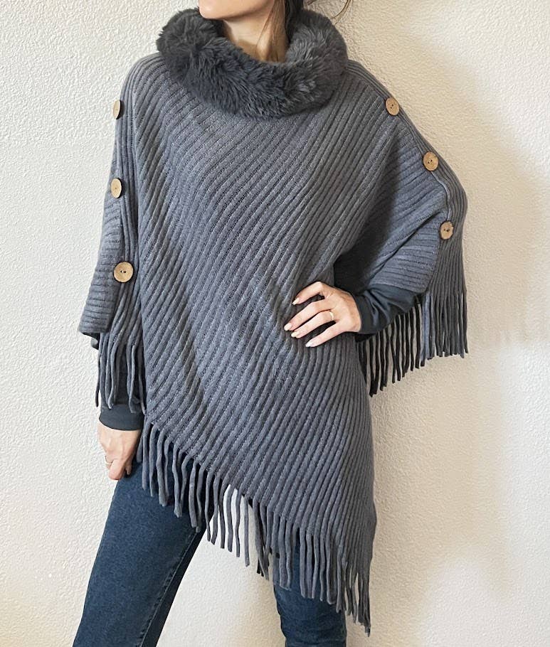 Grey Fur Collar Ribbed Knit Poncho with Fringe