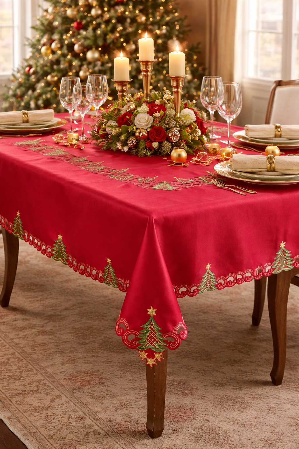 Red Embroidered Christmas Tree 67" Square Tablecloth